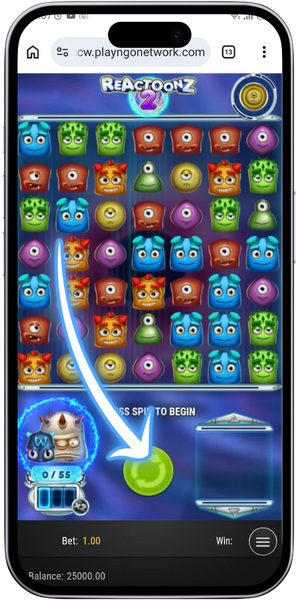 Reactoonz 2 Runde über den Spin-Button starten