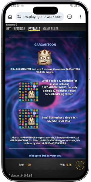 Reactoonz 2 paytable gargantoon